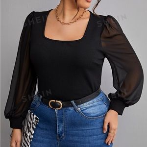Black mesh lantern sleeve square blouse